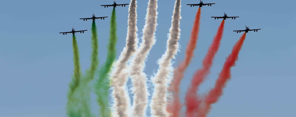 Le Frecce Tricolori in volo su Monza in occasione dell’ultimo Gran Premio di Formula 1