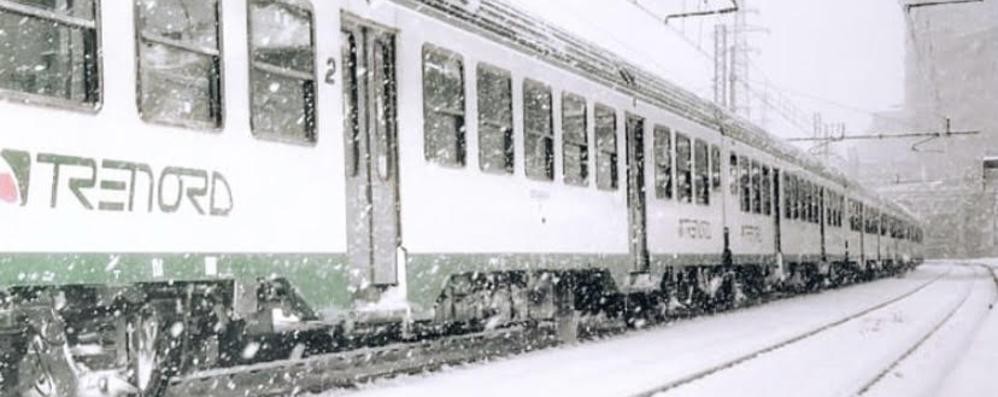 Un convoglio di Trenord durante la nevicata di fine anno