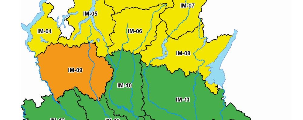 La cartina della protezione civile lombarda che ipotizza una criticità moderata (colore arancione) per la zona di Milano e di Monza nella giornata di domenica 20 giugno