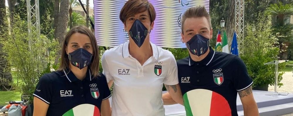 Olimpiadi Meda Raffaella Masciadri con i portabandiera Jessica Rossi e Elia Viviani