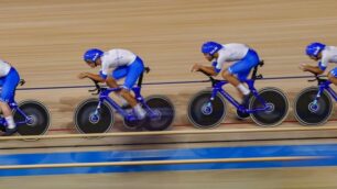 Il quartetto azzurro (Simone Consonni, Jonathan Milan, Filippo Ganna, Francesco Lamon) in finale con il nuovo record del mondo