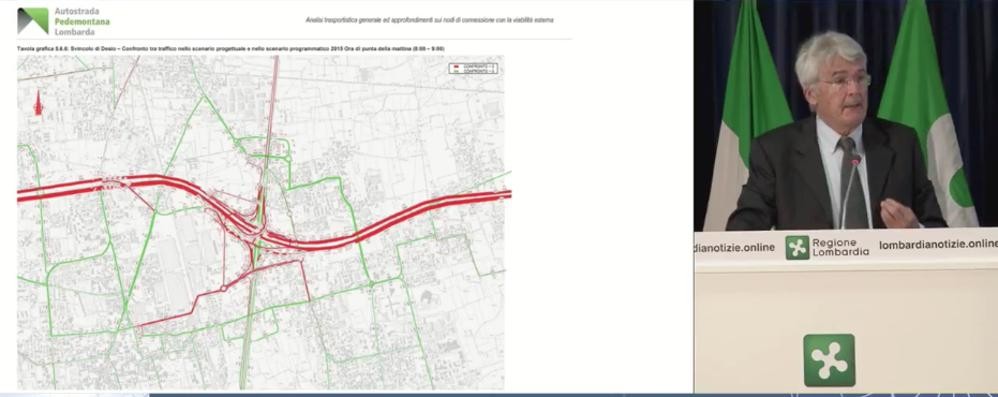 Un momento della  conferenza stampa nella sede di Regione Lombardia: il presidente Castelli illustra la bontà dello svincolo di Desio