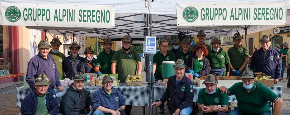 Una parte del gruppo alpini di Seregno presente alla castagnata (foto Volonterio)