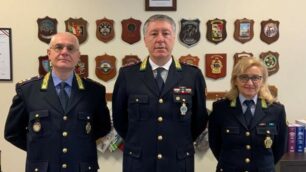 Polizia locale Monza: a sinistra il vicecomandante Giorgio Mora con il comandante Pietro Curcio e il Vicario Francesca Galli