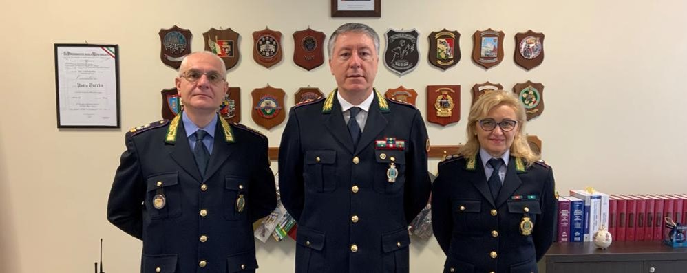 Polizia locale Monza: a sinistra il vicecomandante Giorgio Mora con il comandante Pietro Curcio e il Vicario Francesca Galli