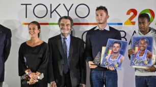 Regione Lombardia premiazione medaglie olimpiche Tokyo 2020: Filippo Tortu e Fausto Desalu con Giusy Versace, il presidente Attilio Fontana e il presidente del Coni Giovanni Malagò