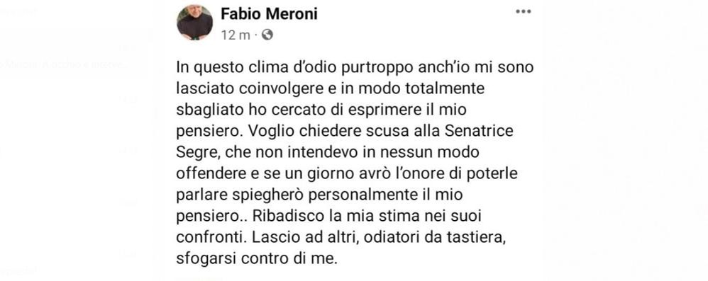 Il messaggio di scuse di Fabio Meroni a Liliana Segre