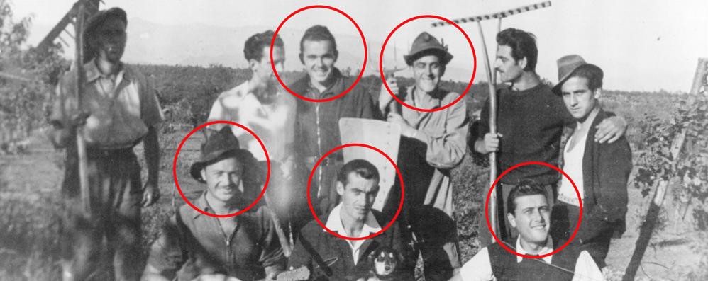 vimercate martiri 2 febbraio 1945 Da sx a dx in piedi Carlo Vimercati "Mansin", Aldo Diligenti, Renato Pellegatta, Emilio Cereda, Carlo Levati e Emilio Diligenti . seduti da sx Aldo Motta Iginio Rota e Pierino Colombo. quelli nei cerchi furono uccisi il 2 febbraio 1945