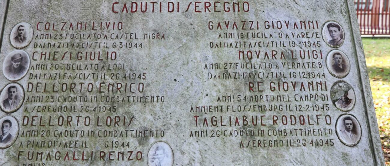 La lapide dei caduti partigiani al parco 25 aprile di Seregno su cui manca la foto completa di Giovanni Re
