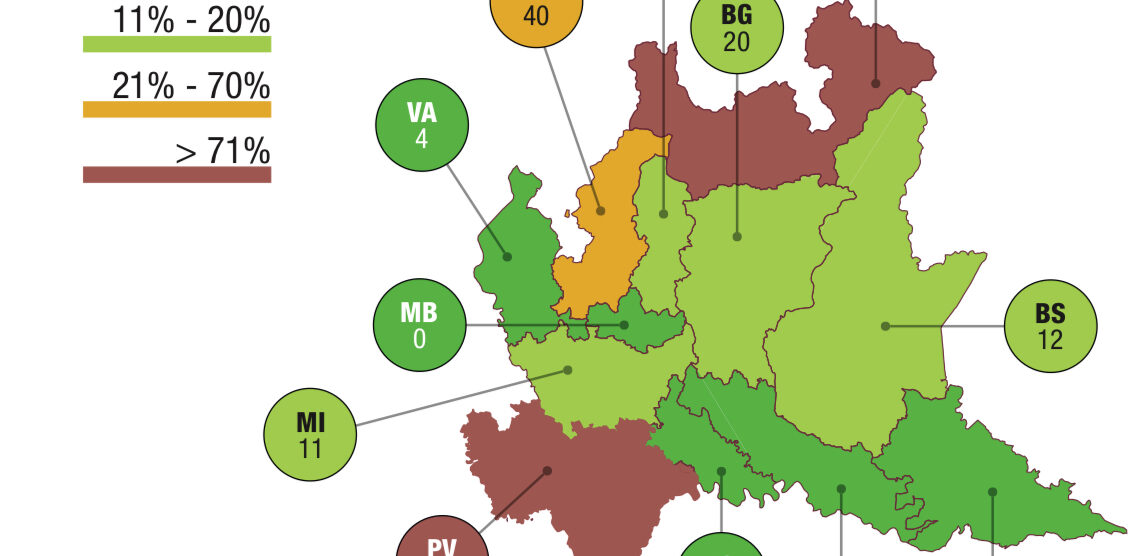 La cartina con il numero dei Comuni sotto la soglia del 65% di differenziata a Monza e Brianza non ce n’è nessuno