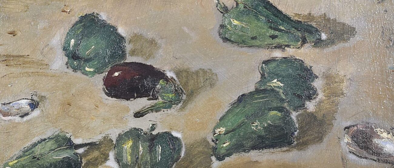 Un dettaglio di Natura morta marina con peperoni, una melanzana e una conchiglia