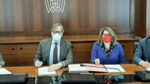 Da sinistra Mirco Scaccabarozzi, Segretario Generale Cisl Monza Brianza Lecco; Stefano Passerini, direttore Settore Lavoro, Welfare e Capitale umano di Assolombarda, Angela Mondellini, Segretaria Generale Cgil Monza Brianza; Aldo Messedaglia, direttore Area Sindacale di Assolombarda