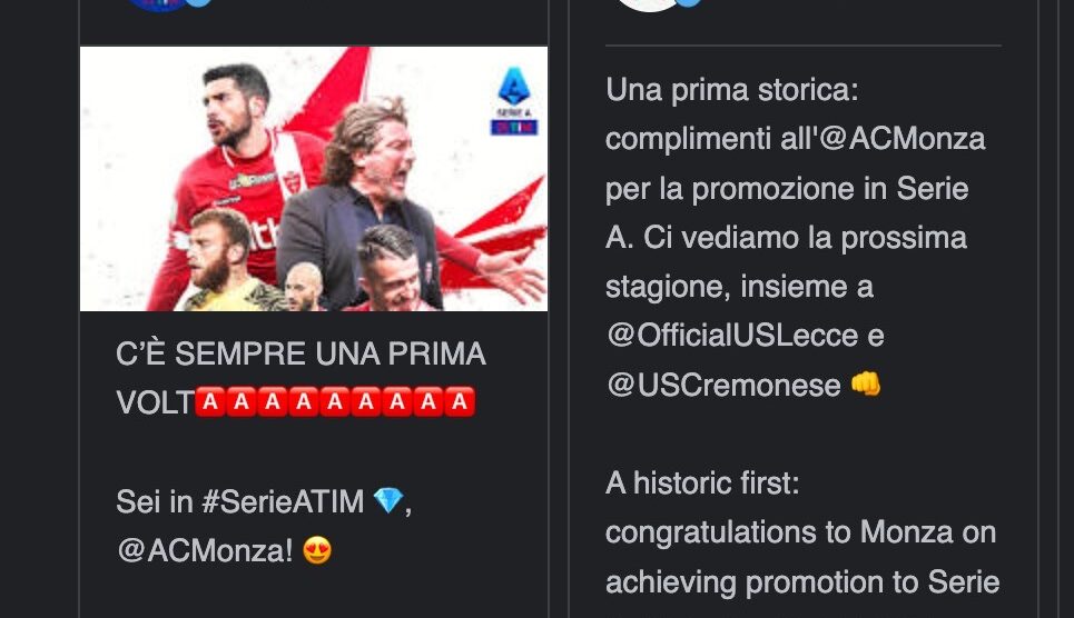 Monza in serie A complimenti social