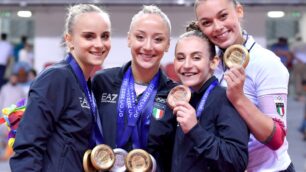 Villasanta Ginnastica La gioia di Martina Maggio e delle azzurre - foto Simone Ferraro/Coni