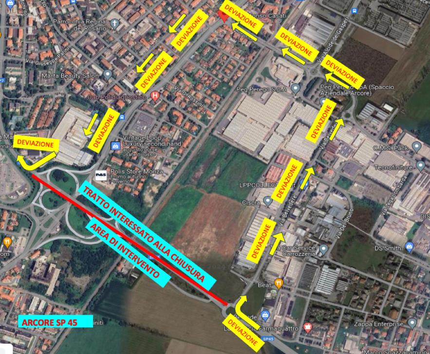 Arcore chiusura tratto SP 45 deviazione