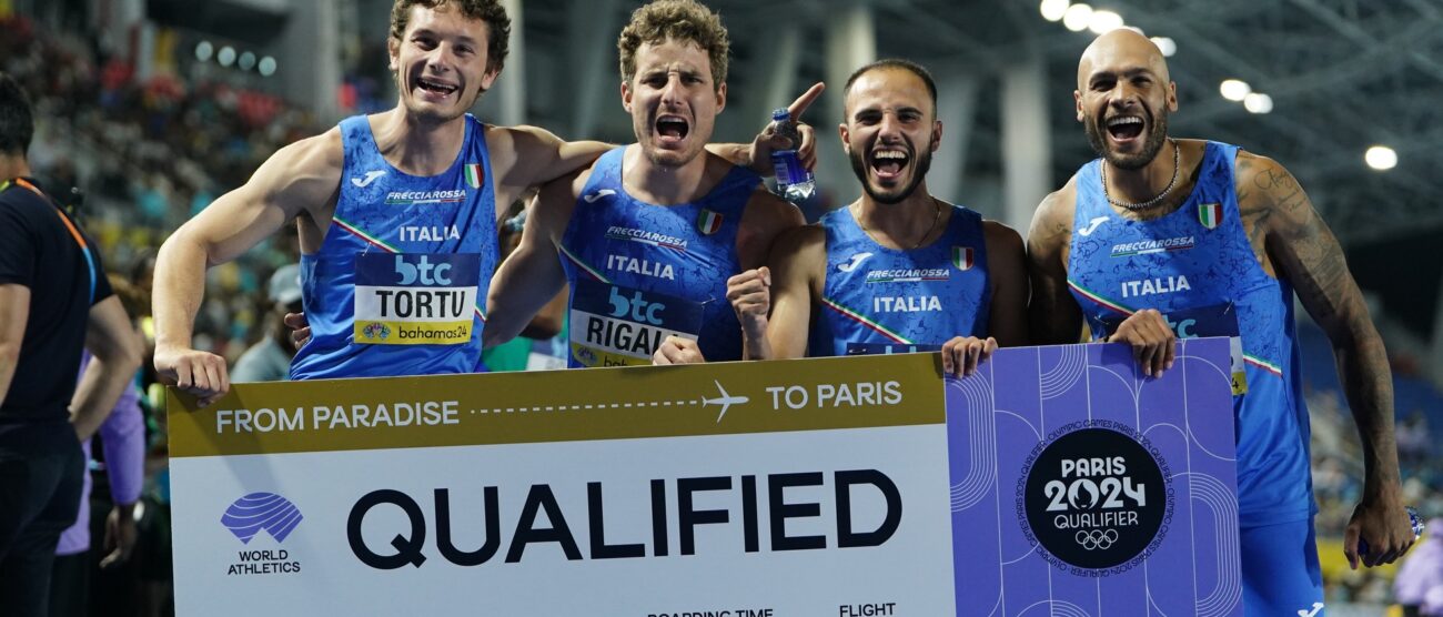 Atletica 4x100 qualificata alle Olimpiadi Parigi 2024: Tortu-Rigali-Patta-Jacobs - foto Grana/Fidal