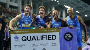 Atletica 4x100 qualificata alle Olimpiadi Parigi 2024: Tortu-Rigali-Patta-Jacobs - foto Grana/Fidal