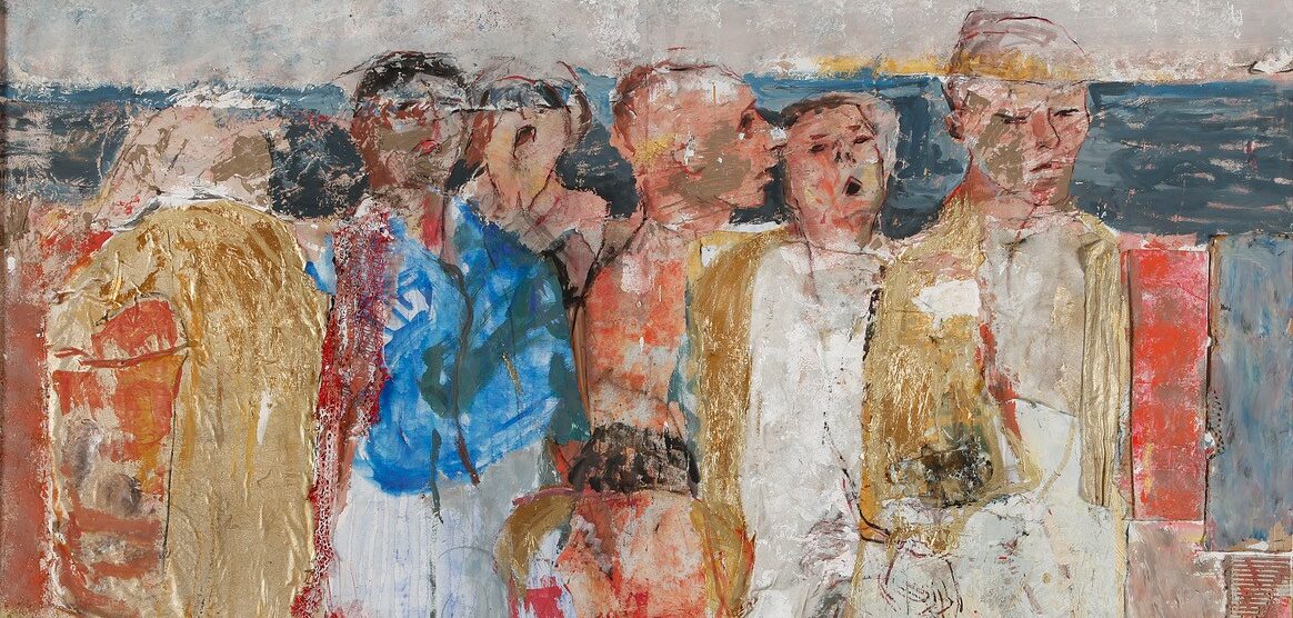 Bruno Freddi, Gli uomini d'oro, 2015, olio e tecnica mista su tela, cm 180x150