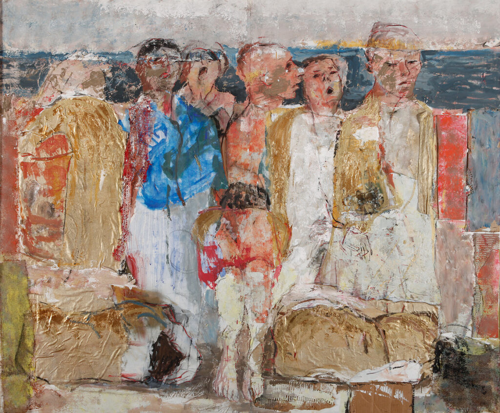 Bruno Freddi, Gli uomini d'oro, 2015, olio e tecnica mista su tela, cm 180x150