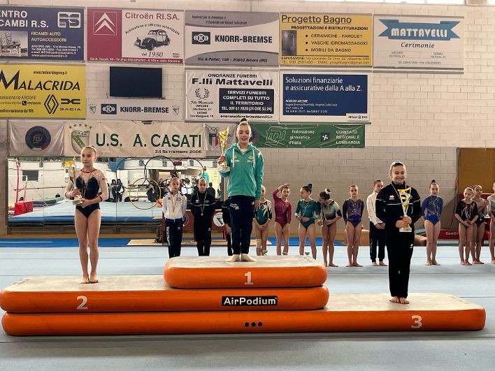 Ginnastica Camp. allieve GOLD 2025 Podio Arcore A3 da sx Portaluppi Crivalli Foresti