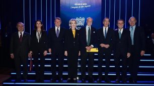 Assolombarda Awards, da sinistra Giuseppe Fontana, Ambra Martone, Alessandro Spada, Letizia Moratti, Gian Felice Rocca, Giuseppe Sala, Attilio Fontana, Sergio Dompé