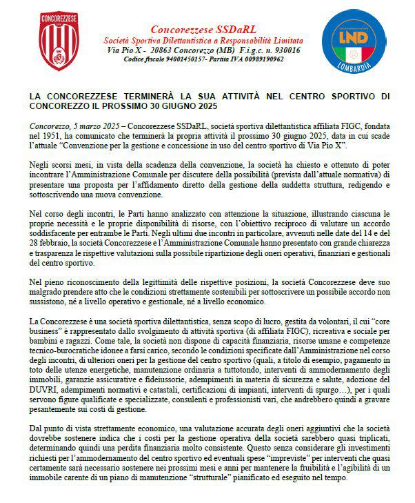 Calcio Concorezzese la lettera di metà marzo con la comunicazione delle intenzioni di stop al 30 giugno