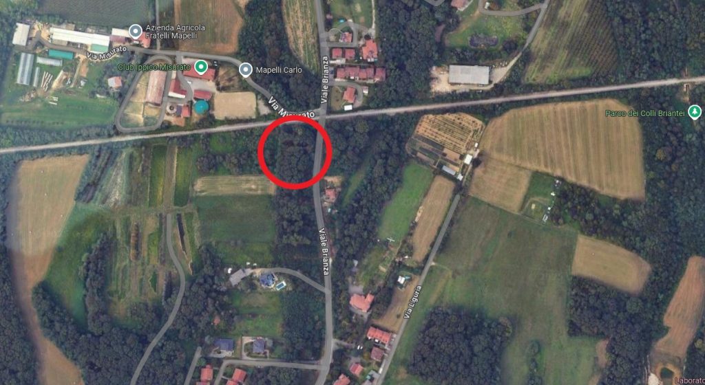 Arcore Lesmo da Google Maps la panoramica della porzione di boschi tagliata da fine marzo: a est il cantiere è all'altezza di viale Liguria, l'opera continuerà verso ovest lungo la ferrovia