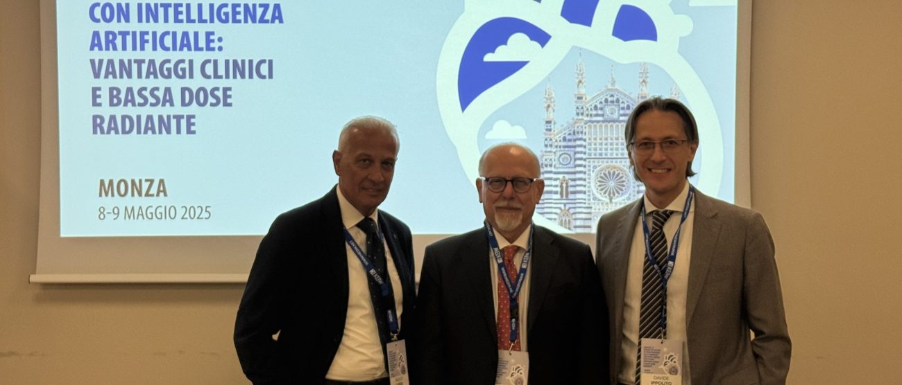Fondazione Irccs San Gerardo TC con intelligenza artificiale. Da sinistra dott. Rocco Corso, presidente Claudio Cogliati, prof. Davide Ippolito