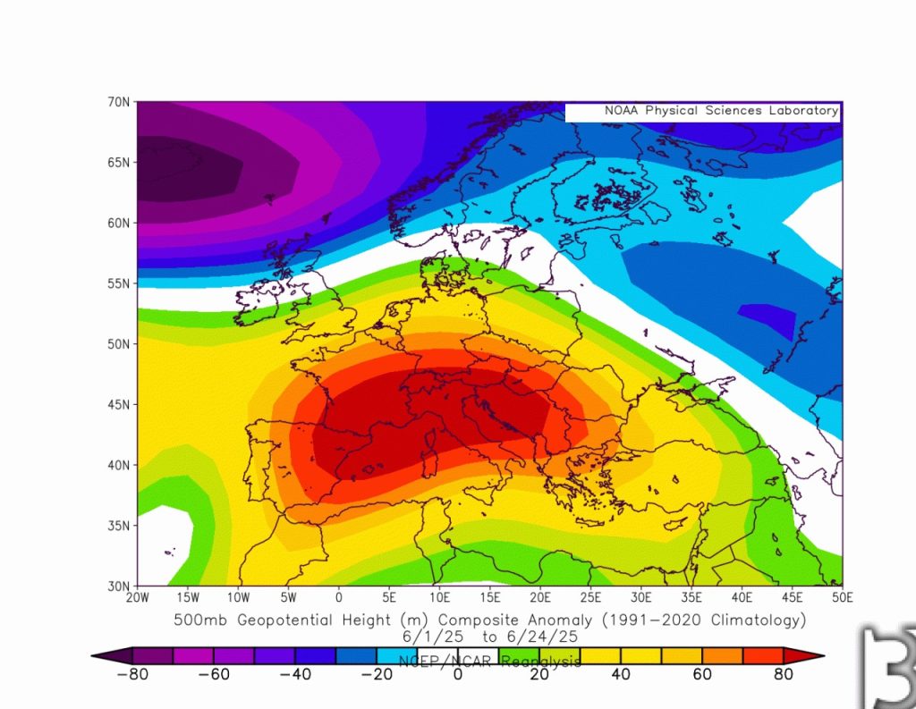 2025 L'ondata di caldo in una grafica pubblicata da 3bmeteo.it