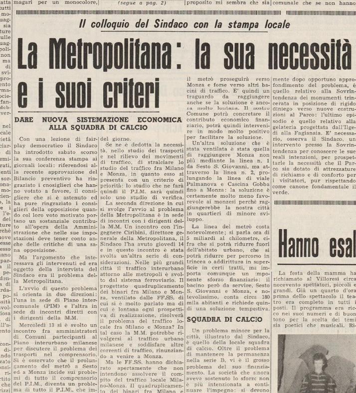 Metropolitana a Monza il Cittadino anno 1964