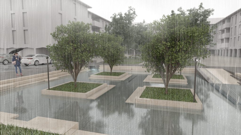 Water Plaza Agrate Brianza piazza di via Vismara rendering con la pioggia