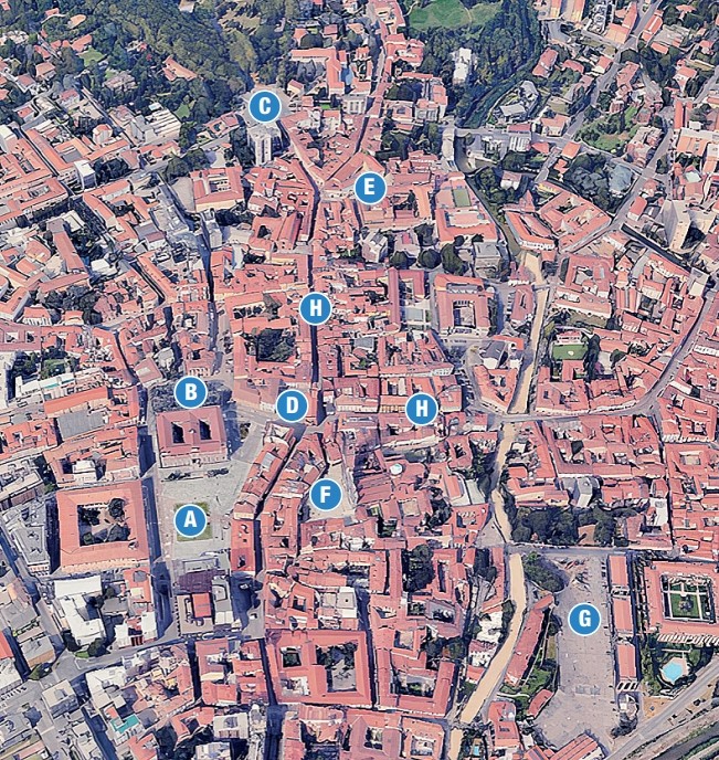 Monza mappa FuoriGp 2025: A. PIAZZA TRENTO E TRIESTE; B. PIAZZA CARDUCCI; C. BOSCHETTI REALI; D. PIAZZA ROMA E PORTICI ARENGARIO; E. PIAZZA CARROBIOLO; F. PIAZZA DUOMO; G. PIAZZA CAMBIAGHI; H. VIA VITTORIO EMANUELE E VIA ITALIA
