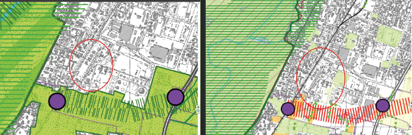 Villasanta nella cartina il corridoio ecologico. L’area della ex Lombarda Petroli è quella cerchiata in rosso