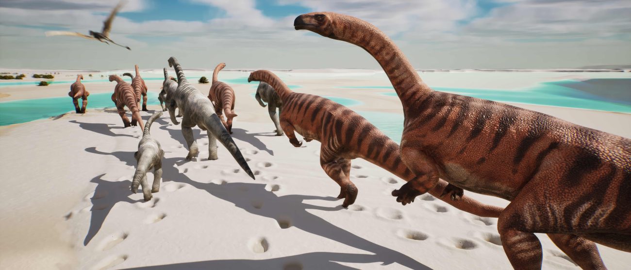 Ricostruzione paleoartistica di come poteva apparire l’ambiente di circa 210 milioni di anni fa, oggi conservato nelle rocce della Valle di Fraele (Parco dello Stelvio). Lungo la riva dell’Oceano di Tetide, un branco di dinosauri prosauropodi cammina su una estesa piana carbonatica fangosa, durante la bassa marea. Nel branco sono presenti anche dei giovani esemplari, come indicano alcune orme fossili di dimensioni ridotte. Maschi e femmine sono qui immaginati di colore diverso. Illustrazione di Fabio Manucci