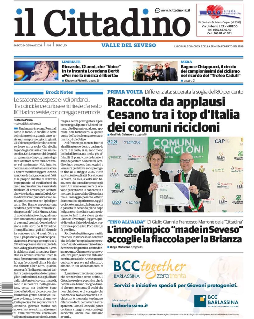 Il Cittadino 24 gennaio prima pagina Valle del Seveso