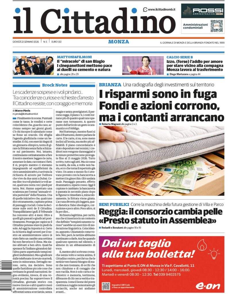 Il Cittadino prima pagina giovedì Monza 22 gennaio 2026