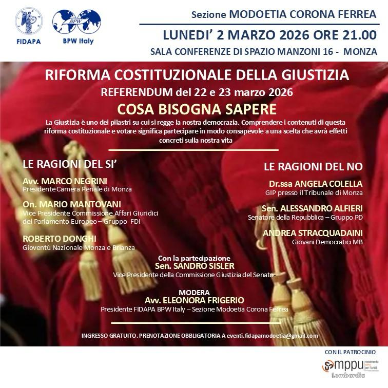 Manifesto incontro Fidapa Modoetia Corona Ferrea Refendum Giustizia