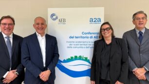 Conferenza del territorio AEB: Massimiliano Riva (Presidente AEB); Renato Mazzoncini (AD A2A); Annamaria Arcudi (AD AEB); Roberto Tasca (Presidente A2A)