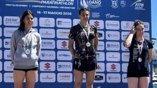 Lissone Triathlon 2026 Podio Loano f.le da sx Vittoria Facco, Giulia Bergamin, Chiara Varisco