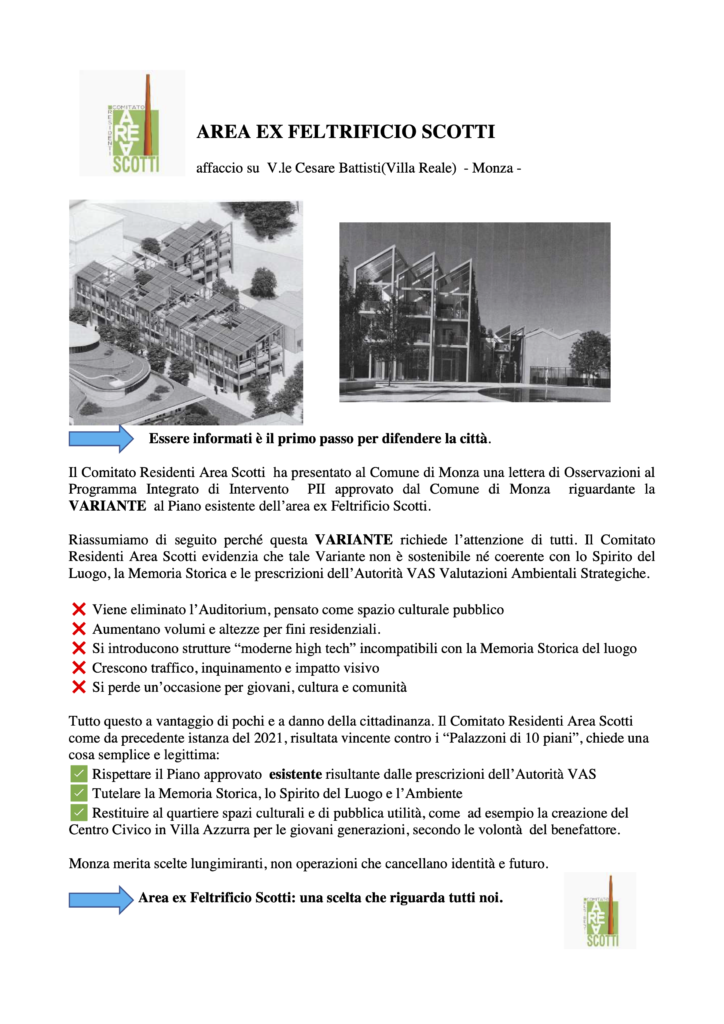 Volantino dei residenti contro la variante per l'area ex Feltrificio Scotti di Monza