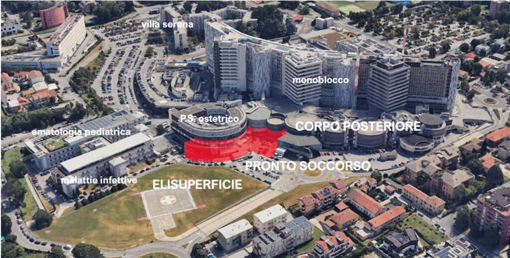 Gli spazi occupati dal nuovo edificio (aggiuntivo) del pronto soccorso del San Gerardo di Monza