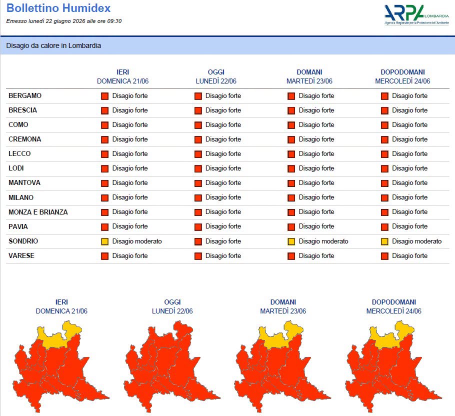 Bollettino Humidex lunedì 22 giugno