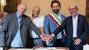 Vimercate Anniversario Vimercate città, giugno 2025: da sinistra Villa, Flumiani, Cereda, Brambilla