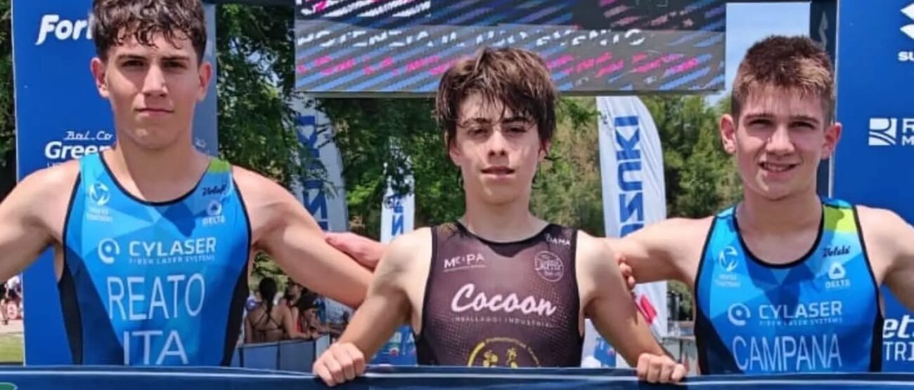 Lissone Triathlon 2026 podio camp.italiano Aquathlon da sx Giacomo Reato Stefano Giorgini Alessandro Campana