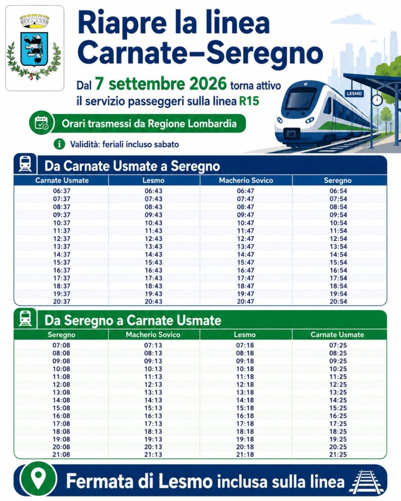 Seregno Carnate orari dal 7 settembre 2026