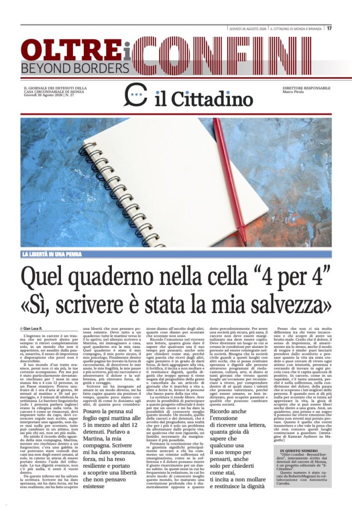 Oltre i Confini - Beyond Borders la prima pagina in edicola col Cittadino del 20 e del 22 agosto 2026